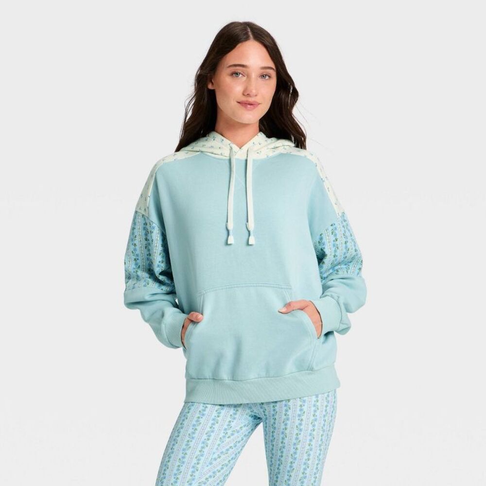 Women's Active Patch Knit Hooded Sweatshirt - JoyLab Light Blue M